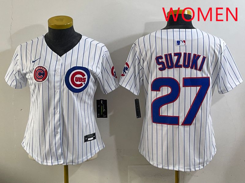 Women 2025 Chicago Cubs #27 Suzuki White Stripe Game Nike MLB Jersey style 7->women mlb jersey->Women Jersey